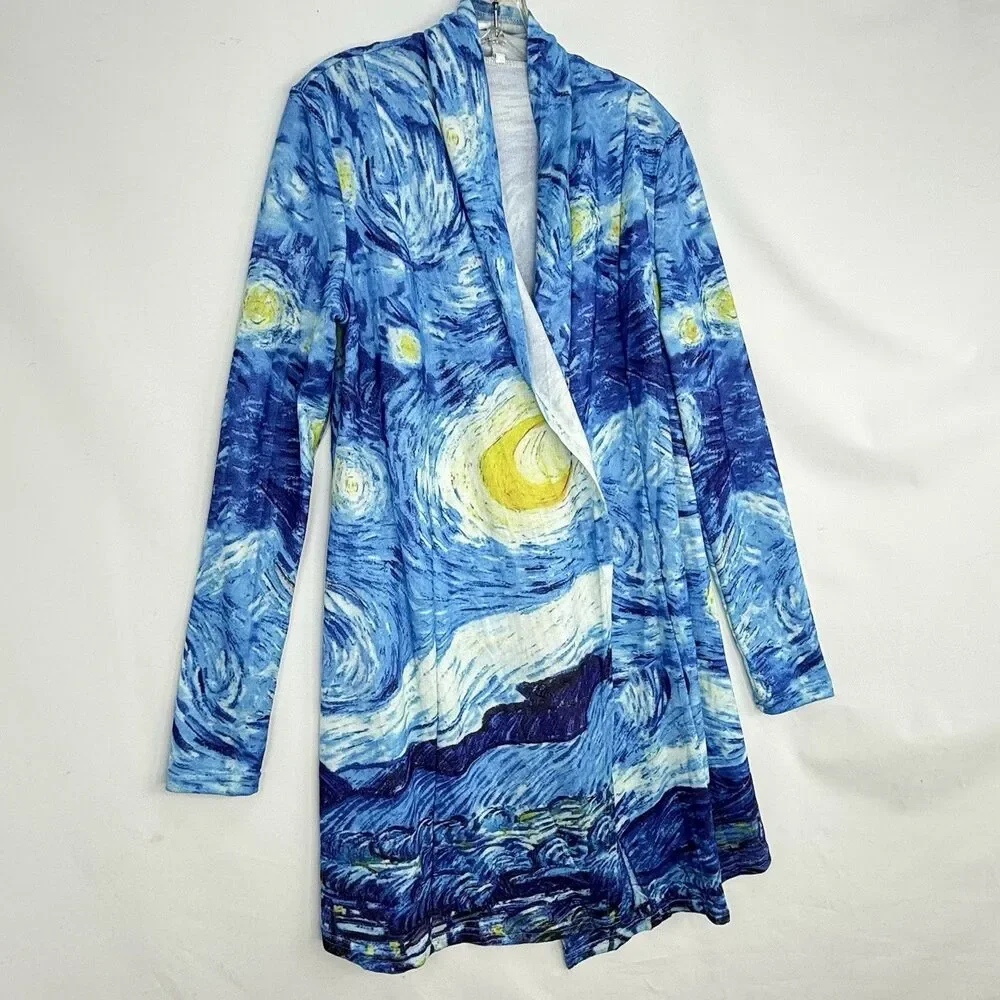 Starry Night Print Open Front Cardigan Women Size M Blue Art Knit